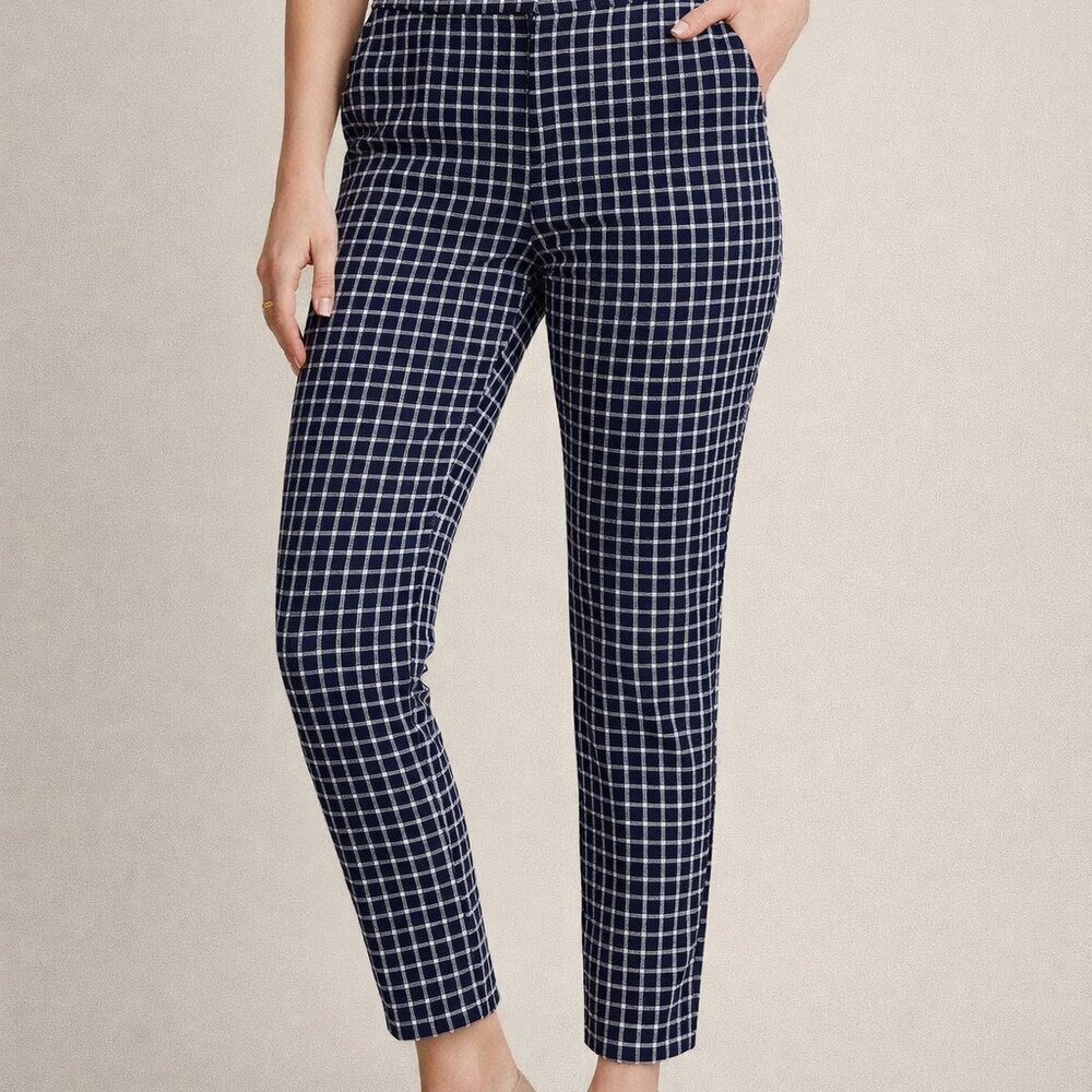 J.Crew Martie Pants Sz 10 Navy Blue White Checkered Slim Ankle Career Stretch